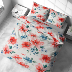 Gultas veļas komplekts „Miraflores“. Gultas veļas komplekti 140x200, 140x200 cm, 160x200 cm, 200x200 cm, 200x220 cm, 220x240 cm. Svaigs un elegants auduma motīvs, kas apvieno sarkanus, zilus un zaļus ziedus.