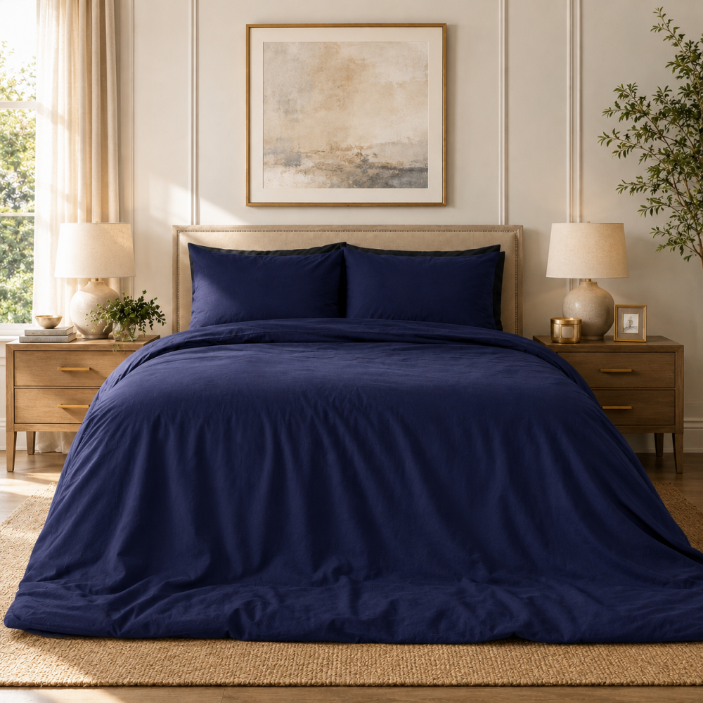 Gultas veļas komplekts „Navy“. Vienkrāsaina gultas veļa, 140x200 cm, 150x200 cm, 160x200 cm, 180x200 cm, 200x200 cm, 200x220 cm, 220x240 cm. Tumši zils gultas veļas komplekts gaišā un elegantā guļamistabā ar silta toņa koka mēbelēm.