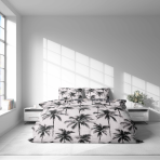 Gultas veļas komplekts „Palmora“. Pelēka gultasveļa, 140x200 cm, 150x200 cm, 160x200 cm, 180x200 cm, 200x200 cm, 200x220 cm. Gaiši pelēks gultas veļas komplekts ar kontrastējošām palmām.