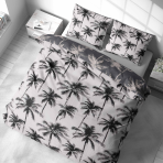 Gultas veļas komplekts „Palmora“. Pelēka gultasveļa, 140x200 cm, 150x200 cm, 160x200 cm, 180x200 cm, 200x200 cm, 200x220 cm. Mūsdienīgs gaiši pelēks gultas raksts ar melnu palmu siluetiem.