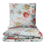 Gultas veļas komplekts „Peony“. Gultas veļas komplekti 140x200, 140x200 cm, 200x200 cm, 200x220 cm. Zilganīgs gultasveļas komplekts ar košām peonijām rozā un smilšu toņos.