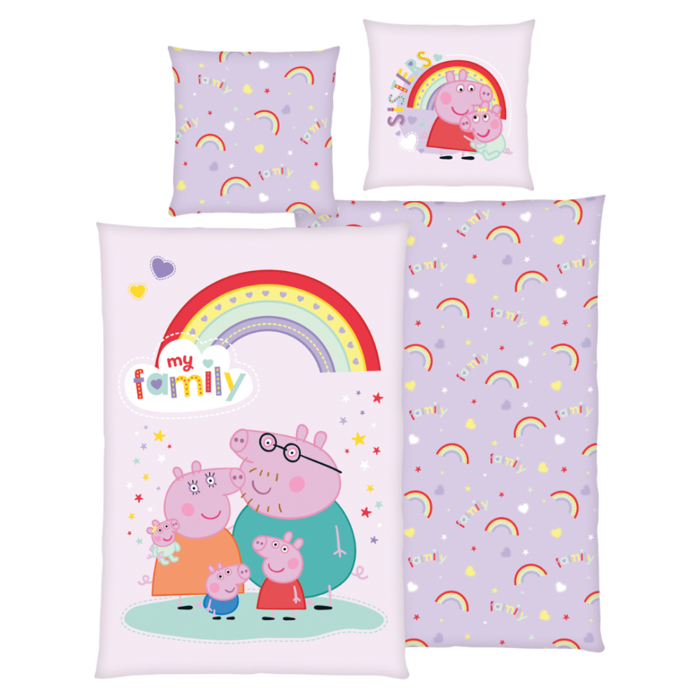 Gultas veļas komplekts „Peppa Pig“. Kokvilnas gultas veļa, 135x200 cm. Maigi violets gultas veļas komplekts ar peppa pig ģimeni un varavīksni. Gultas veļas komplekts „Peppa Pig“. Kokvilnas gultas veļa, 135x200 cm. Maigi violets gultas veļas komplekts ar peppa pig ģimeni un varavīksni.