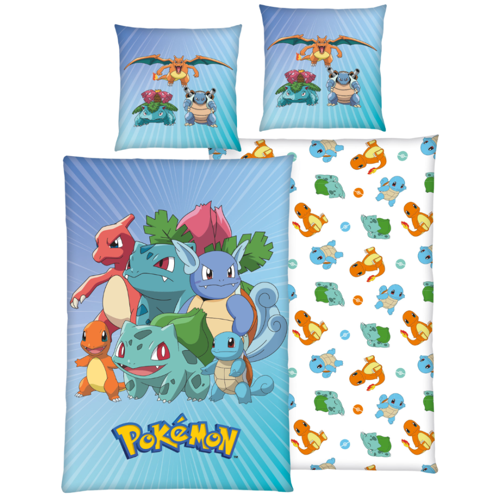 Gultas veļas komplekts „Pokemon“. Kokvilnas gultas veļa, 135x200 cm. Gaiši zils pokémon gultas veļas komplekts ar krāsainiem bulbasaur, charmander un squirtle tēliem. Gultas veļas komplekts „Pokemon“. Kokvilnas gultas veļa, 135x200 cm. Gaiši zils pokémon gultas veļas komplekts ar krāsainiem bulbasaur, charmander un squirtle tēliem.