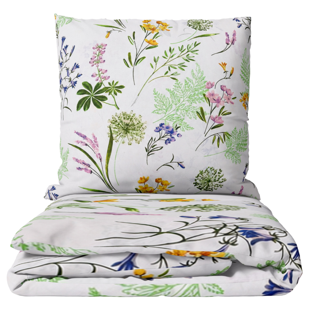 Gultas veļas komplekts „Primavera“. Gultas veļa ar augiem, 140x200 cm, 150x200 cm, 160x200 cm, 180x200 cm, 200x200 cm, 200x220 cm, 220x240 cm. Balts gultas veļas komplekts ar zaļām lapām un krāsainiem pļavas ziediem Gultas veļas komplekts „Primavera“. Gultas veļa ar augiem, 140x200 cm, 150x200 cm, 160x200 cm, 180x200 cm, 200x200 cm, 200x220 cm, 220x240 cm. Balts gultas veļas komplekts ar zaļām lapām un krāsainiem pļavas ziediem