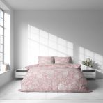 Gultas veļas komplekts „Provance Coral“. Gultas veļas komplekti 140x200, 140x200 cm, 200x200 cm, 200x220 cm. Gultasveļas komplekts rozā krāsā ar skaistām baltām rozēm, kas jūsu interjeram piešķirs svaigu un ziedu noskaņu.
