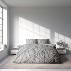 Gultas veļas komplekts „Shadowleaf“. Gultas veļas komplekti 140x200, 140x200 cm, 200x200 cm, 200x220 cm, 220x240 cm. Elegants pelēks gultasveļas komplekts ar lielām melnām lapām, kas ir ideāli piemērots stilīgam un mūsdienīgam guļamistabas tēlam.