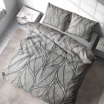 Gultas veļas komplekts „Shadowleaf“. Gultas veļas komplekti 140x200, 140x200 cm, 200x200 cm, 200x220 cm, 220x240 cm. Moderns pelēks gultasveļas komplekts ar izteiksmīgām melnām lapām, kas jūsu guļamistabas interjeram piešķir unikālu un modernu akcentu.