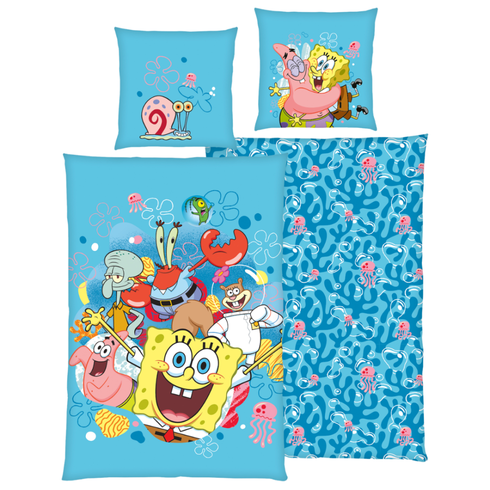 Gultas veļas komplekts „SpongeBob SquarePants“. Bērnu gultas veļa, 135x200 cm. Ljusblått bäddset med svampbob, patrik, sandy, herr krabba och bläckvard Gultas veļas komplekts „SpongeBob SquarePants“. Bērnu gultas veļa, 135x200 cm. Ljusblått bäddset med svampbob, patrik, sandy, herr krabba och bläckvard