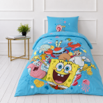 Gultas veļas komplekts „SpongeBob SquarePants“. Kokvilnas gultas veļa, 135x200 cm. Koši zils gultas veļas komplekts ar krāsainiem bikini bottom tēlu zīmējumiem.
