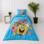 Gultas veļas komplekts „SpongeBob SquarePants“. Kokvilnas gultas veļa, 135x200 cm. Gaiši zils gultas veļas komplekts ar sūkli bobu, patriku, sendiju, krabsa kungu un kalmāru.