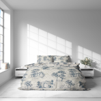 Gultas veļas komplekts „Toile De Jouy Classic“. Gultas veļas komplekti 140x200, 140x200 cm, 200x200 cm, 200x220 cm. Komplektu rotā klasisks “toile” raksts – tumši zilu zīmējumu grupas uz gaiša fona, kas izceļ arhitektūras un dabas elementus.