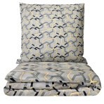 Gultas veļas komplekts „Vibe“. Gultas veļas komplekti 140x200, 140x200 cm, 200x200 cm, 200x220 cm. Gultas komplekts ar modernu ģeometrisku rakstu smilškrāsas fonā ar pelēkiem un melniem akcentiem.