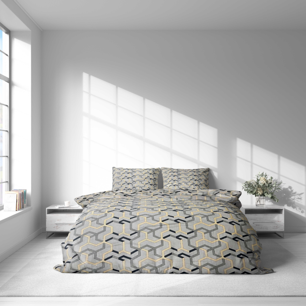 Gultas veļas komplekts „Vibe“. Gultas veļas komplekti 140x200, 140x200 cm, 200x200 cm, 200x220 cm. Divvietīgs gultas veļas komplekts ar smalku dzeltenas un melnas krāsas ģeometrisku motīvu.