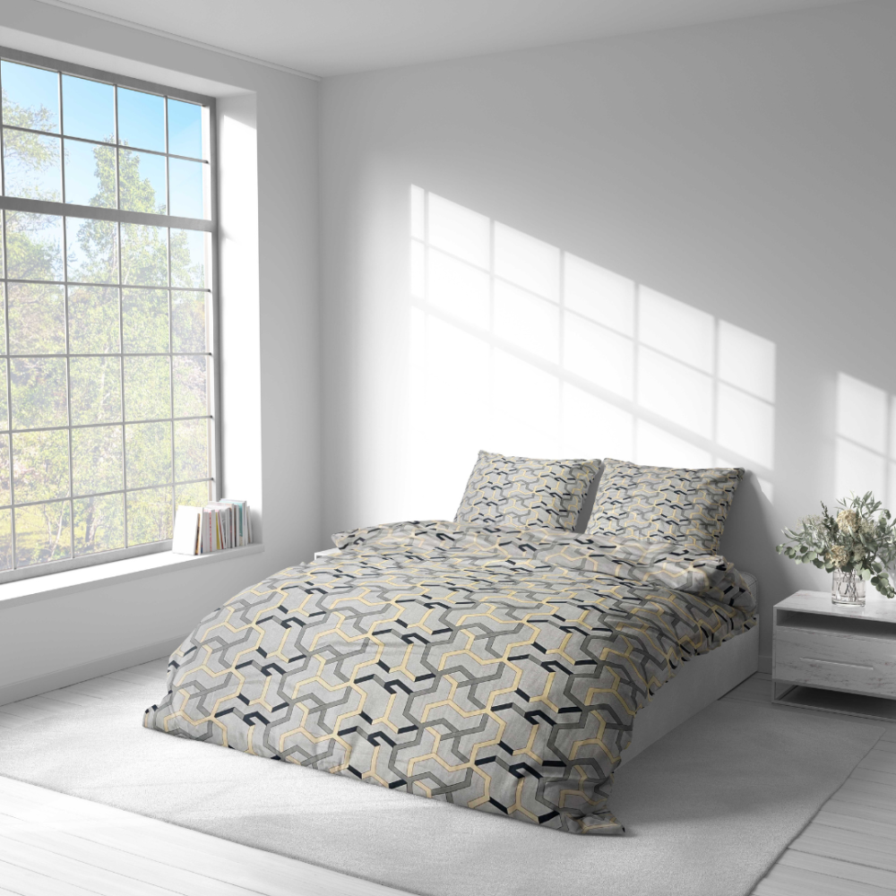 Gultas veļas komplekts „Vibe“. Gultas veļas komplekti 140x200, 140x200 cm, 200x200 cm, 200x220 cm. Gultas veļas komplekts ar pelēku fonu un dzelteni-melniem ģeometriskiem rakstiem.