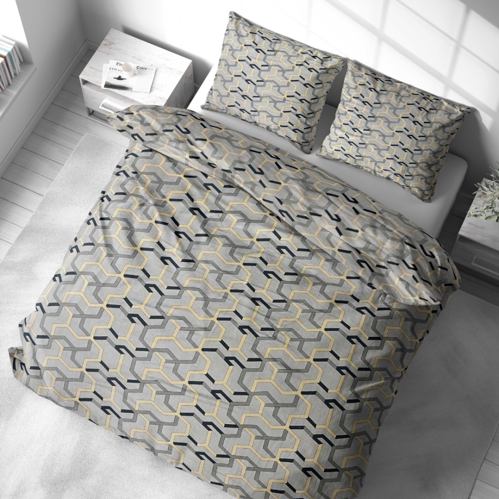 Gultas veļas komplekts „Vibe“. Gultas veļas komplekti 140x200, 140x200 cm, 200x200 cm, 200x220 cm. Kokvilnas gultas veļas komplekts ar modernu pelēku, dzeltenu un melnu ģeometrisku kompozīciju.