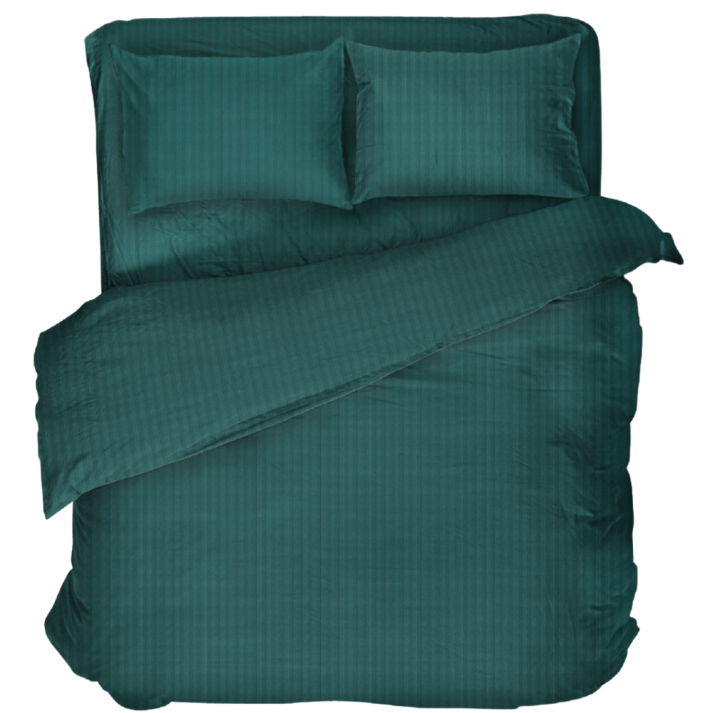 Premium satīna gultas veļas komplekts „Green Stripe Satin“. Satīna gultas veļa, 140x200 cm, 200x200 cm. Tumši zaļš gultas veļas komplekts ar smalkām vertikālām svītrām, piešķirot eleganci un mieru guļamistabai.