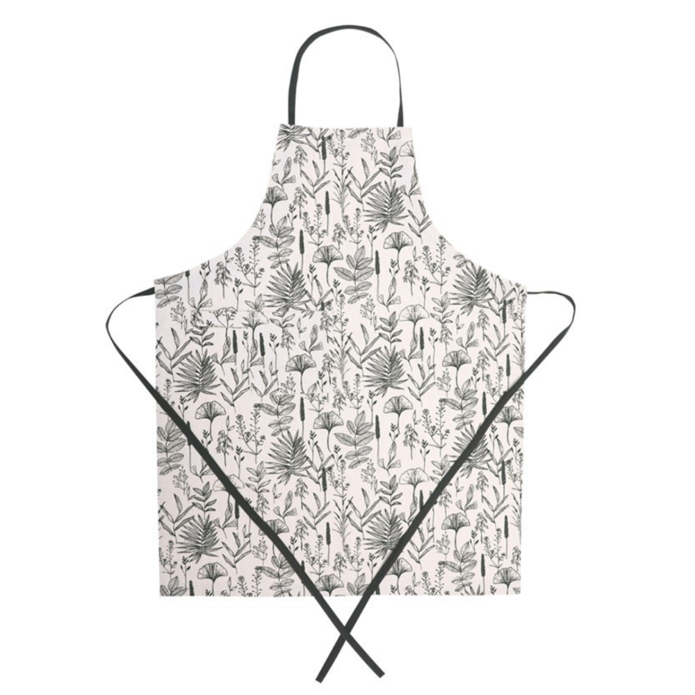Priekšauts „Ralph apron“. Priekšauti. Gaišs priekšauts ar pelēkzaļu botānisku augu rakstu Priekšauts „Ralph apron“. Priekšauti. Gaišs priekšauts ar pelēkzaļu botānisku augu rakstu