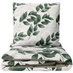 Satīna gultas veļa „Viridelle“. Zaļa gultasveļa, 140x200 cm, 150x200 cm, 160x200 cm, 180x200 cm, 200x200 cm, 200x220 cm. Gaišs gultas veļas komplekts ar zaļu lapu rakstu