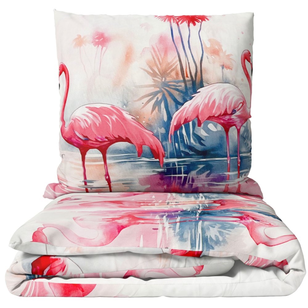 Gultas veļas komplekts "Flamingo Paradise". Bērnu gultas veļa, 140x200 cm. Bērnu gultas veļa ar rozā flamingo uz baltas fona, kas attēlo mieru un rotaļīgu atmosfēru.