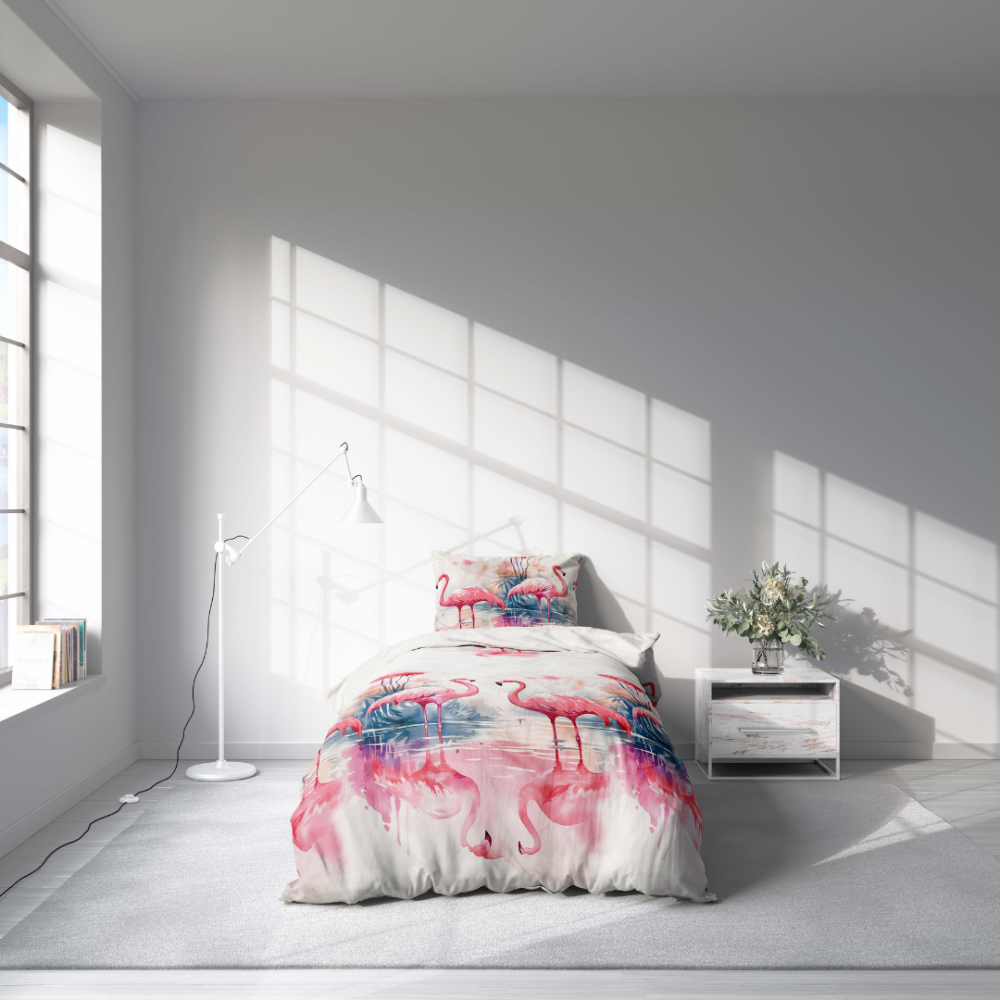 Gultas veļas komplekts "Flamingo Paradise". Bērnu gultas veļa, 140x200 cm. Ziedi un tropu palmas kopā ar flamingiem rada siltu un jautru dizainu, kas lieliski piemērots bērnu guļamistabai.