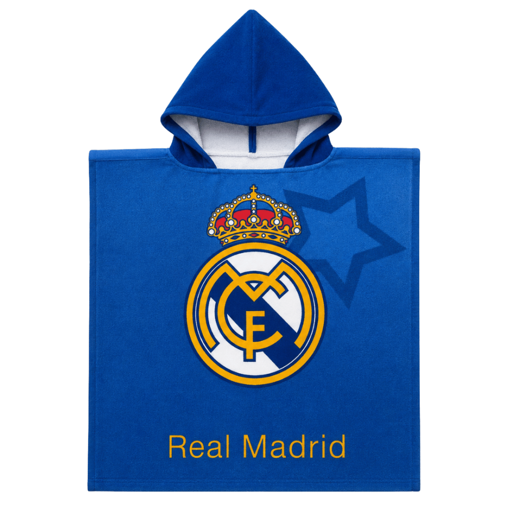 Bērnu poncho „Real Madrid“. Vannas istabas aksesuāri. Mīksts kokvilnas bērnu pončo ar „real madrid“ emblēmu. Bērnu poncho „Real Madrid“. Vannas istabas aksesuāri. Mīksts kokvilnas bērnu pončo ar „real madrid“ emblēmu.
