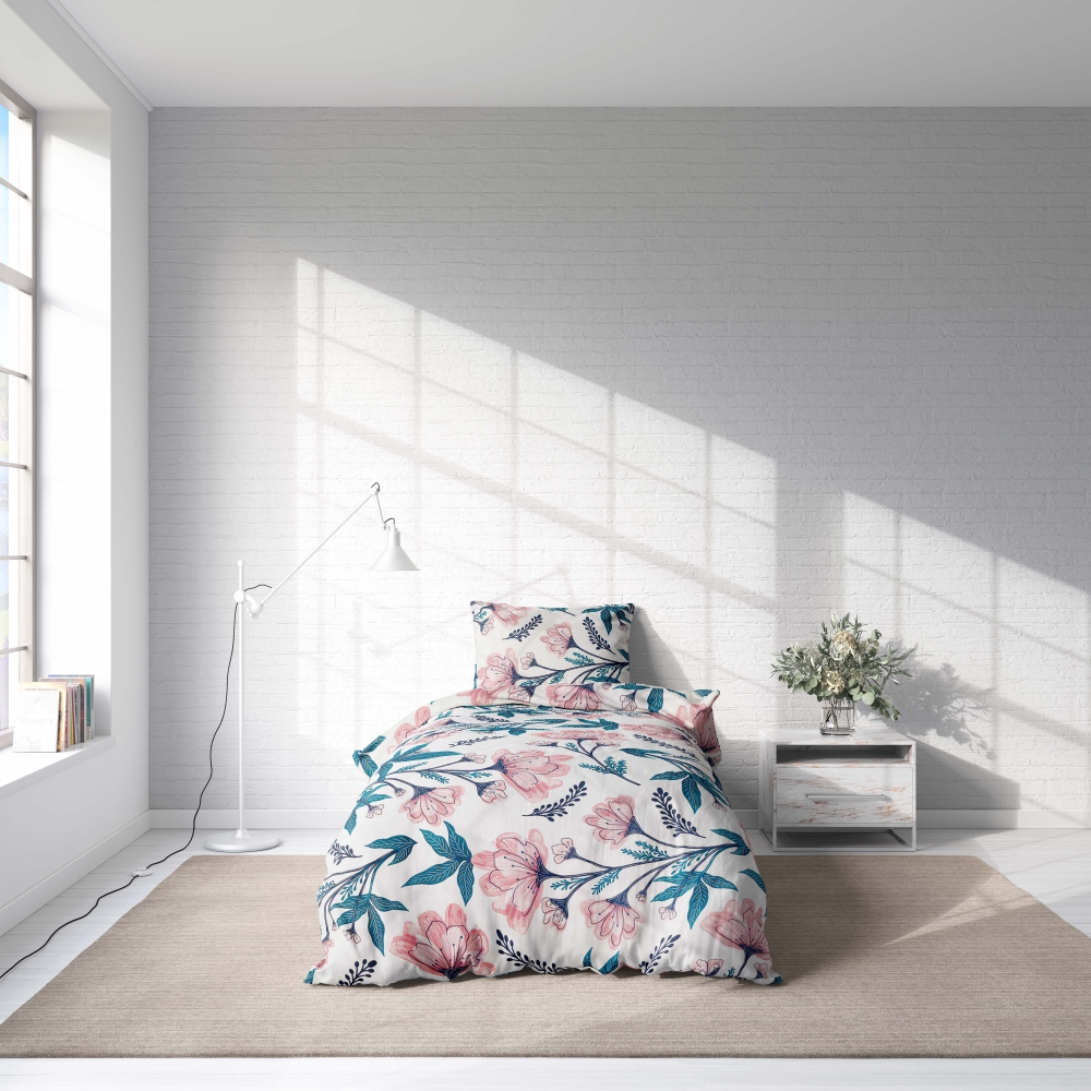 Vienvietīgas gultas veļas komplekti "Elegant". Gultas veļas komplekti 140x200, 140x200 cm.  elegants balts gultasveļas komplekts ar zaļiem ziedu kātiņiem un rozā ziediem, kas lieliski noder atsvaidzinošam interjeram.