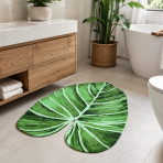 Vannas paklājs "Leaf mat", 58x88 cm. Košs vannas istabas paklājiņš ar lielu tropu lapas motīvu un zaļo toņu rakstu. Vannas paklājs "Leaf mat", 58x88 cm. Košs vannas istabas paklājiņš ar lielu tropu lapas motīvu un zaļo toņu rakstu.