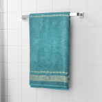 Vannas dvielis „Seafoam olympian“. Dvieļi, 70x140 cm. Tirkīza dvielis ar grieķisku zelta ornamentu apakšā